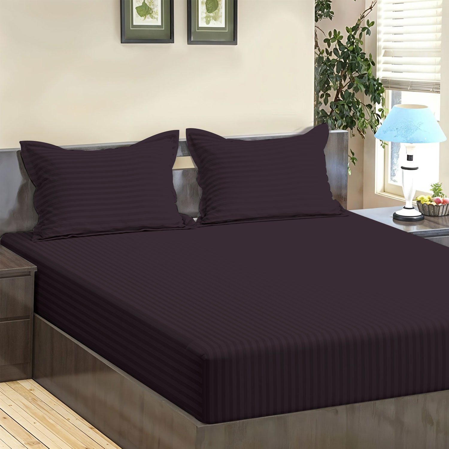 Light Grey Stripes 300 TC Cotton Satin Bedsheet Super Soft & Breathable